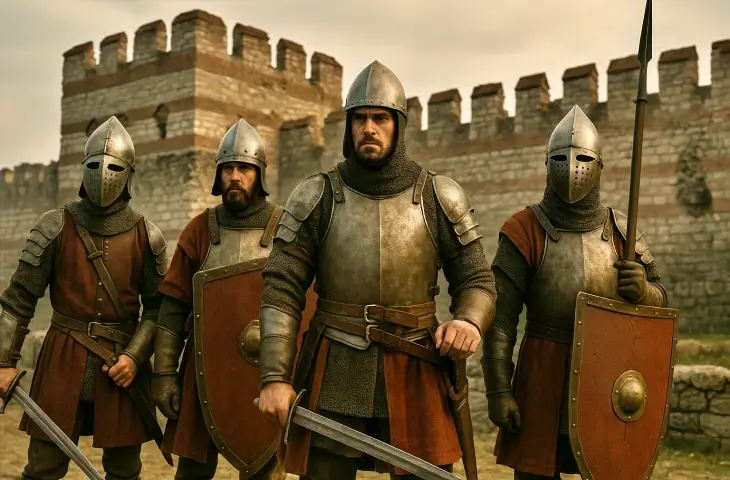 Giustiniani Longo komutasındaki Latin zırhlı askerlerinin Theodosios surları önünde savunma düzenine geçtiğini gösteren tarihsel canlandırma.